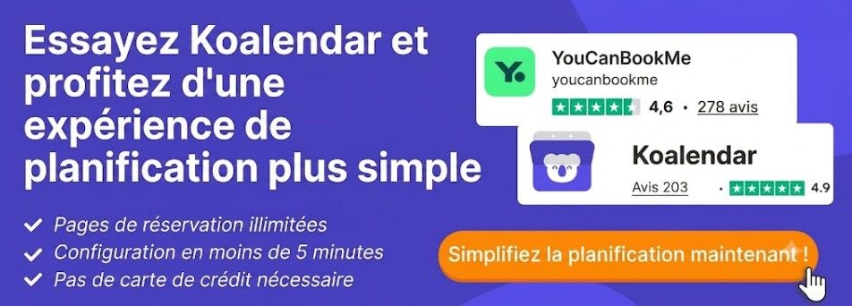 bannière de Koalendar présentant une expérience de planification plus simple que YouCanBook.me en termes de tarification